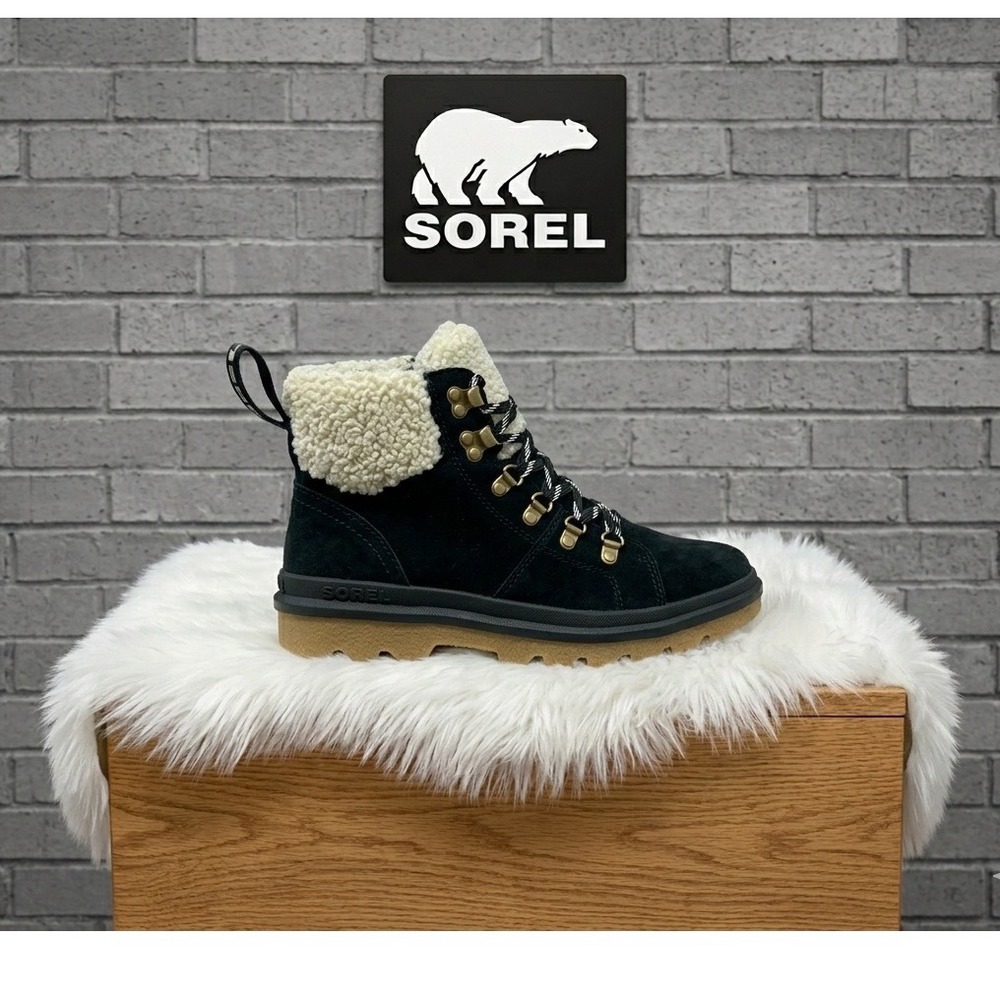 🔥Sorel Lennox🖤🚨🖤Street Hiker‎ Black Suede Faux Shearling winter Boots size 7